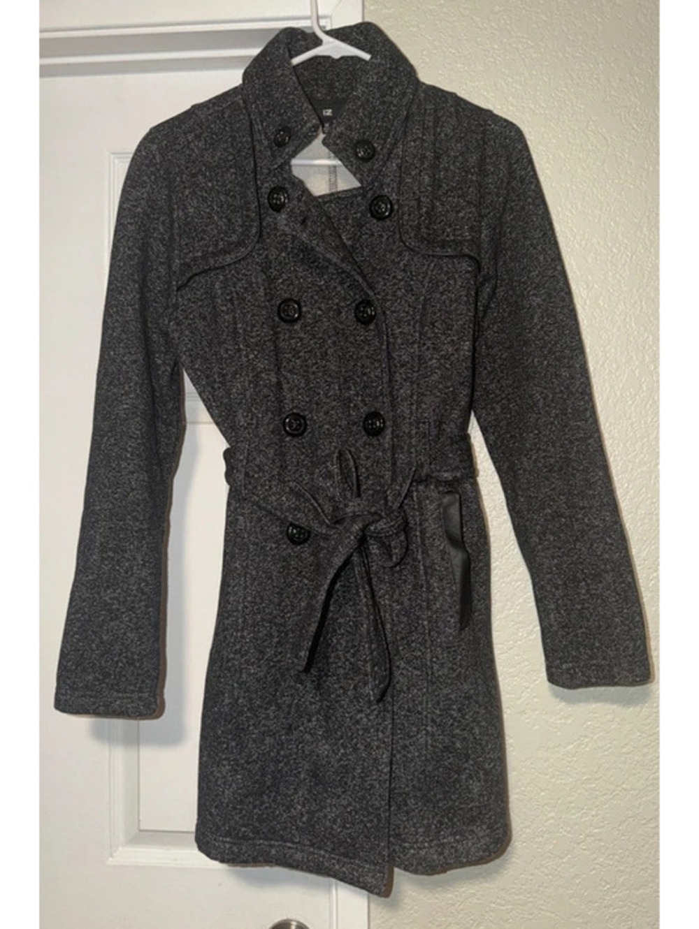 IZ Byer Black & Gray Double Breasted Belted Coat Women’s Size Medium